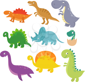 Cute baby dino vector characters isolated vector set. Cartoon colored dinosaur tyrannosaurus and triceratops illustration