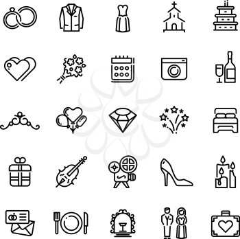 Romance wedding celebration and love in marriage vector line icons. Wedding and marriage linear icons set illustration