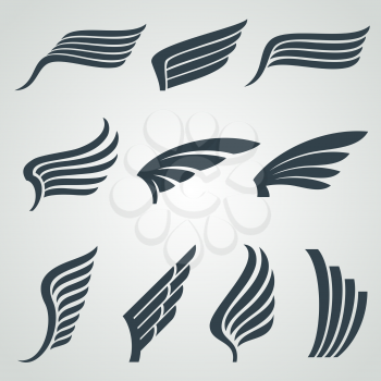 Eagle and angel wings icons. Flight vector heraldic symbols isolated. Wing angel and eagle tattoo illustration