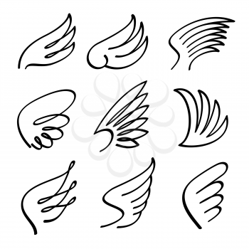 Cartoon angel wings vector set. Sketch doodle winged abstract emblems isolated on white background. Wing bird cartoon black illustration