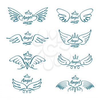 Elegant angel flying wings. Hand drawn wing tattoo vector design collection. Angel wing line, illustration of freedom tattoo sketch hand drawn