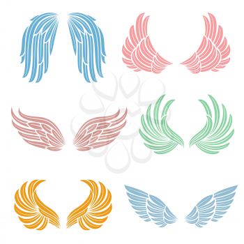 Elegant angel wings with long feather. Angelic symbols isolated vector set. Color angel wing of collection illustration