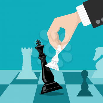 Business checkmate strategy vector concept with hand holding chess pawn knocking down king. Business strategy win metaphor illustration