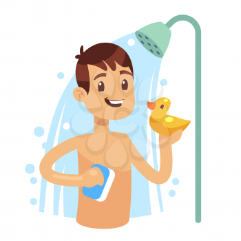 Young man taking shower in bathroom. Guy washing himself. Morning hygiene vector concept. Showering with shampoo foam and bubble illustration
