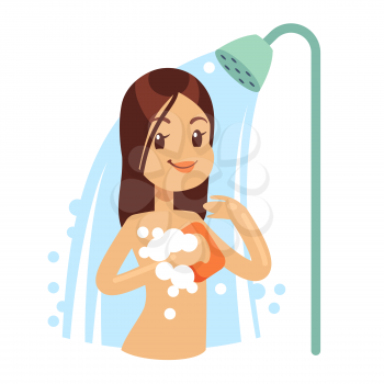 Smiling woman taking water shower in bathroom. Girl regular hygiene vector illustration. Girl in shower and bathroom, wash body and smiling
