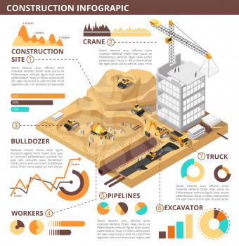 Building construction 3d isometric vector industrial infographic. Construction isometric infographic industry building site illustration