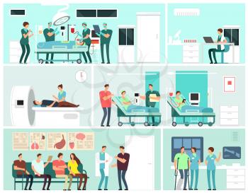 Hospital interiors with patients, doctors, nurse and medical equipment. Medicine service vector concept. Medical equipment clinic, hospital with patient and docto illustration