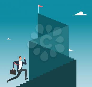 Professional man running up stairway to mountain peak. Business sucess vector concept. Businessman run to stairway up illustration