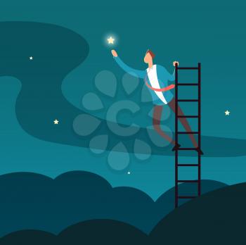 Successful businessman reaching star. Man climbing to stars. Business and career success vector concept. Success career business, illustration of businessman successful