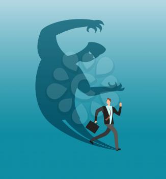Scared businessman running away in panic from own shadow. Anxiety and conflict vector business concept. Illustration of businessman in panic and run