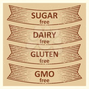 Vintage style gluten free, sugar free, dairy free, gmo free banners design. Vector illustration