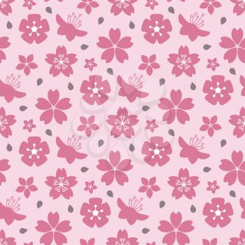 Pink blossom flowers background seamless pattern flat design. Vector illustration