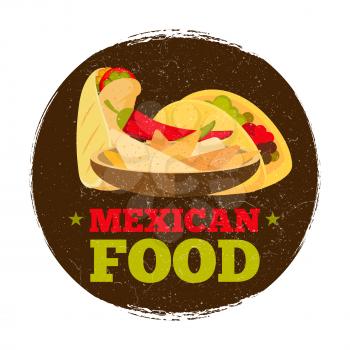 Colored grunge mexican food logo or badge on white. Vector illustration