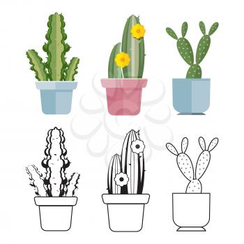 Hand drawn and colored cartoon flat cactus of set. Vector illustration