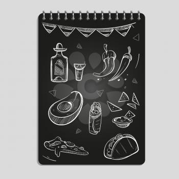 Hand drawn mexican food and drinks set on black notebook page. Vector illustration