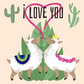 Cute cartoon alpaca in love - mexican lama card design. Vector illustration