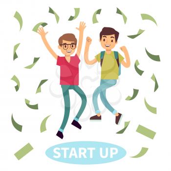 Happy successful young students in money rain. Start up concept. Vector illustration