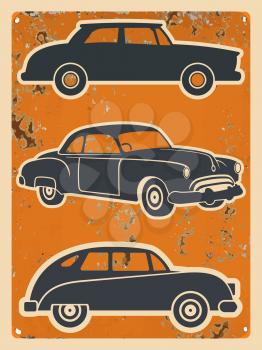 Retro cars stickers set. Vintage auto on grunge background. Vector illustration