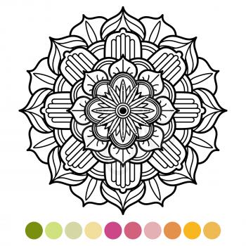 Antistress mandala coloring page with colors sample. Asian, arabis ornament design. Vector illustration