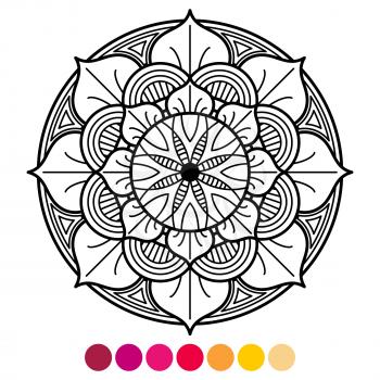 Mandala coloring page for adults. Antistress coloring with color sample on white background. Vector illustration