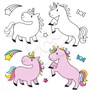 Cute unicorn set for kids coloring book. Unicorn fairy, magic happy horse, vector illustration