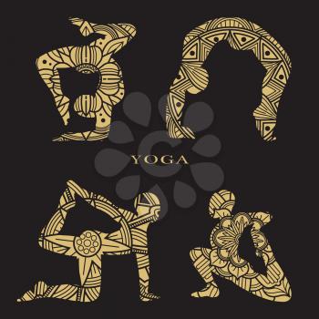 Lace female silhouettes set. Yoga logo elements. Body female yoga, position health and meditation. Vector illustration