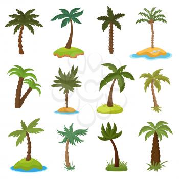 Cartoon palm trees on tropical exotic islands vector set. Illustration of island with green palm collection