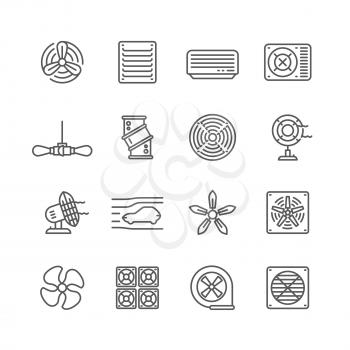 Heating and cooling airflow pictograms. Ventilation, airing filter, fan, blower, aerodynamics, turbine air vector icons. Illustration of airflow ventilator, fan ventilation, cooler equipment