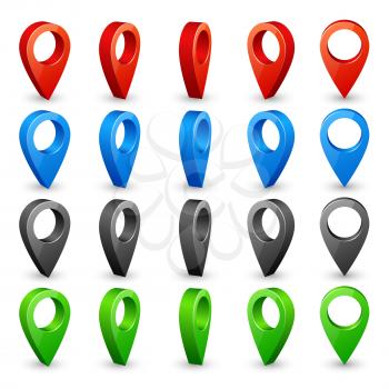 Color 3d map pins. Place location and destination icons. Navigation pin pointers vector symbols isolated on white background. Web marker for position, point pin illustration