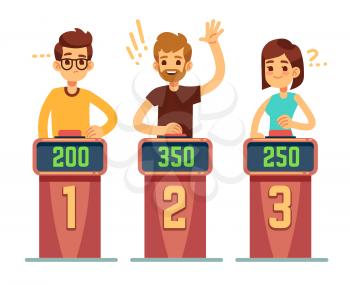 People answering questions and pressing buttons on quiz show. Conundrum game competition vector concept. Illustration of game competition, quiz intelligent