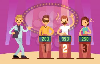 Clever young people playing quiz game show. Cartoon vector illustration. Tv competition people intelligent and educational