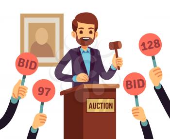 Auction with man holding gavel and people raised hands with bid paddles vector concept. Auction business, bid and sale, trade commercial illustration