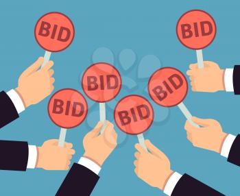 Bidder hands holding auction paddle. Buyer business vector concept. Auction and bidder, business buy auctioning illustration
