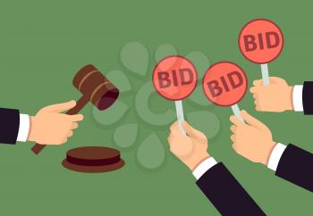 Bidders human arms holding bid paddle and auctioneer hand with gavel. Auction bidding and justice vector concept. Illustration of bidder on auction, hand hold plate with bid