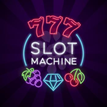Casino vegas vector poster with slot machine bright neon icons. Jackpot and poker, casino banner with slot machine illustration