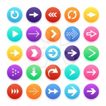 Arrow color web button icons. Arrowhead and repeat, direction vector website symbols. Navigation in colored circle, cursor and arrowheads interface illustration