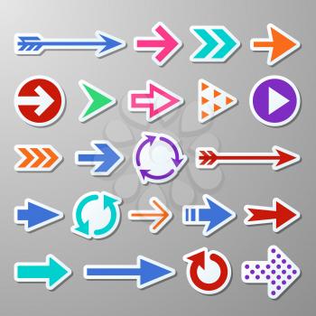 Website right arrow stickers. Directional arrows signs. Progress arrow vector symbols. Sticker right arrow, indicator circular set of arrows