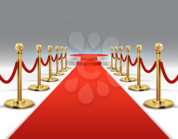 Elegant red carpet with round podium. Celebrity lifestyle, prestige and glamour vector background. Illustration of stair to podium