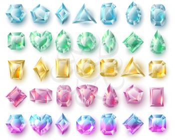 Color cutting gems, nature brilliants. Precious stones and diamonds vector set isolated on white background. Brilliant stone, diamond gem precious illustration