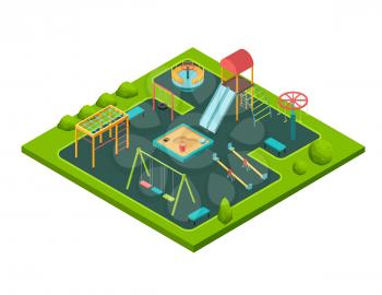 Isometric kids summer playground with childrens swing and sandbox isolated cartoon vector illustration. Slide and swing, sand outdoor, playful kindergarten