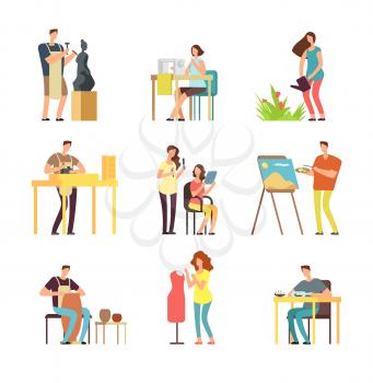 Man and woman artists in art design field. Sculptor, artist, florist. Vector cartoon people set isolated fashion designer and potter, florist and sculptor profession illustration