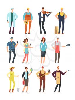 Man and woman workers with tools in uniform. Cartoon vector characters of different professions isolated. Ilustration of musician and cook, specialist teacher and logger, gardener and doctor