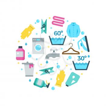 Housework drying washing flat icons in form round concept on white. Vector illustration