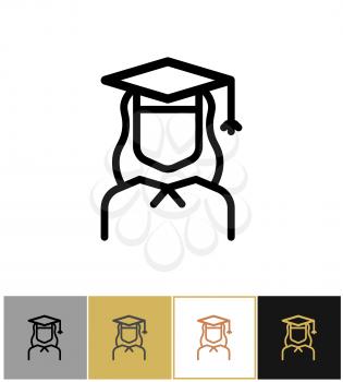 Graduate icon linear, female academy graduation woman symbol isolated on gold, black and white backgrounds vector illustration