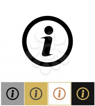 Info icon, information round symbol isolated on gold, black and white backgrounds vector illustration