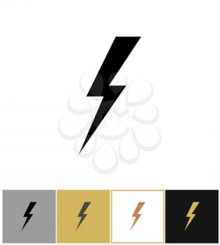 Lightning icon, flash or blitz pictogram on gold, black and white backgrounds vector illustration