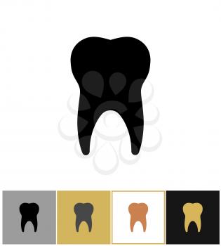 Tooth icon, dental teeth silhouette symbol on gold, black and white backgrounds vector illustration. Dentistry and healthy symbol of set