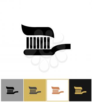 Toothbrush icon, toothpaste dental cleaning symbol on gold, black and white backgrounds vector illustration. Care and clean icons of set
