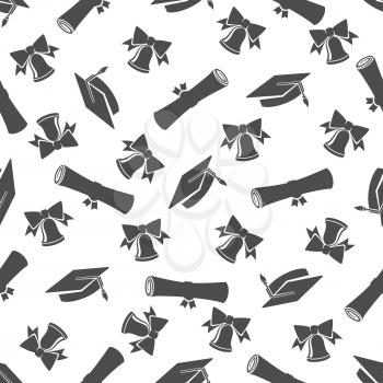 Graduate seamless pattern with student cap, bell and scroll silhouettes. Vector illustration