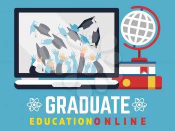 Online education graduate flat concept. Computer and learning video, graduation study, vector illustration